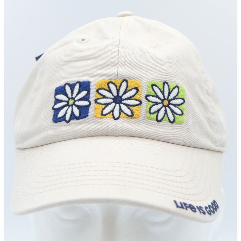 Life is Good Three Boxed Daisies Chill Cap Hat Bone Beige Cotton Adjustable OS